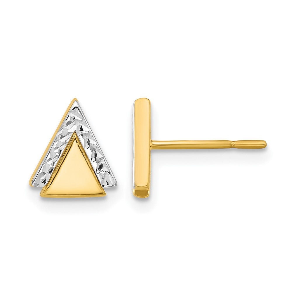 14K Yellow Gold With Rhodium Polished And Diamond Cut Triangle Post Earrings