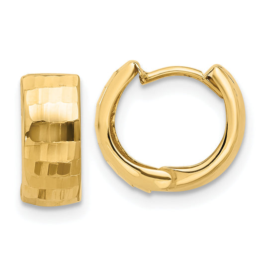 14K Yellow Gold Polished And Diamond Cut Huggie Hoop Earrings