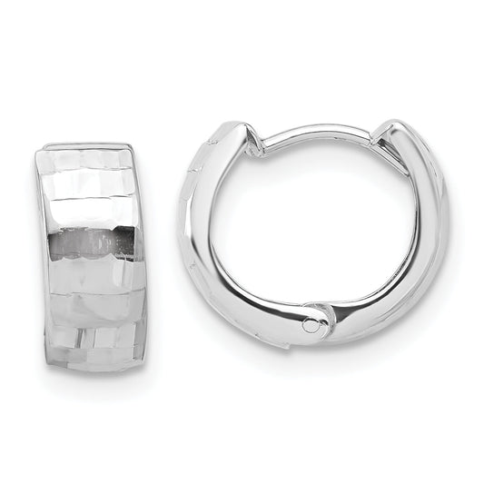 14K White Gold Polished And Diamond Cut Huggie Hoop Earrings