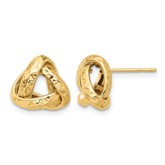 14K Yellow Gold Polished And Diamond Cut Triangle Love Knot Post Earrings