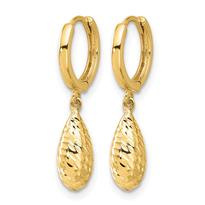 14K Yellow Gold Polished And Diamond Cut Dangle Hoop Earrings