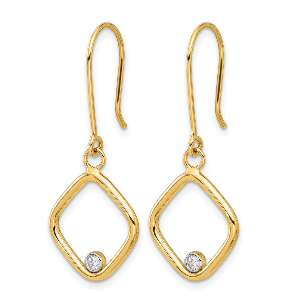 14K Yellow & Rhodium With Polished Cz Square Dangle Earrings