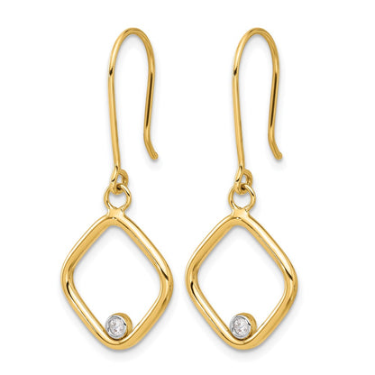 14K Yellow & Rhodium With Polished Cz Square Dangle Earrings