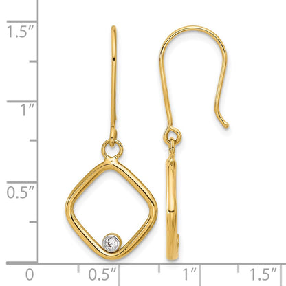 14K Yellow & Rhodium With Polished Cz Square Dangle Earrings