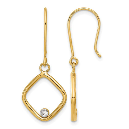 14K Yellow & Rhodium With Polished Cz Square Dangle Earrings