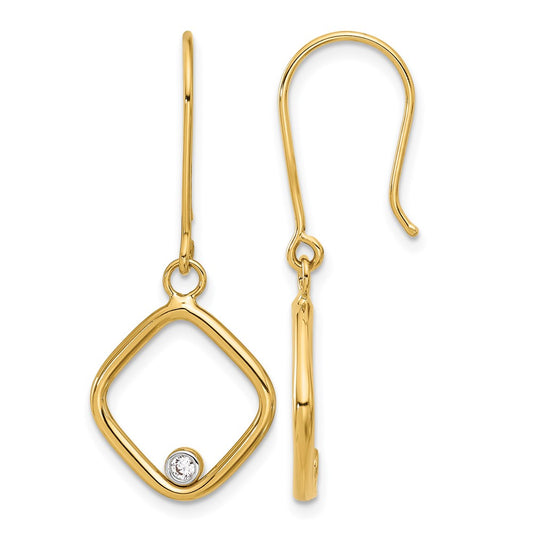 14K Yellow & Rhodium With Polished Cz Square Dangle Earrings