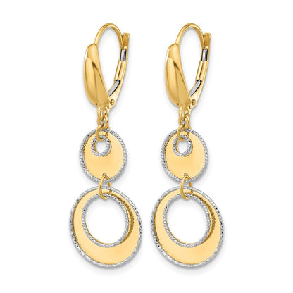 14K Two Tone Polished And Dia Cut Circles Dangle Leverback Earring