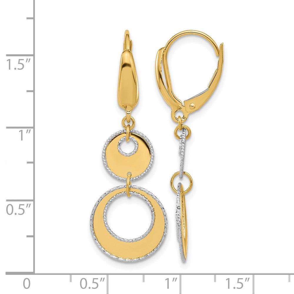 14K Two Tone Polished And Dia Cut Circles Dangle Leverback Earring