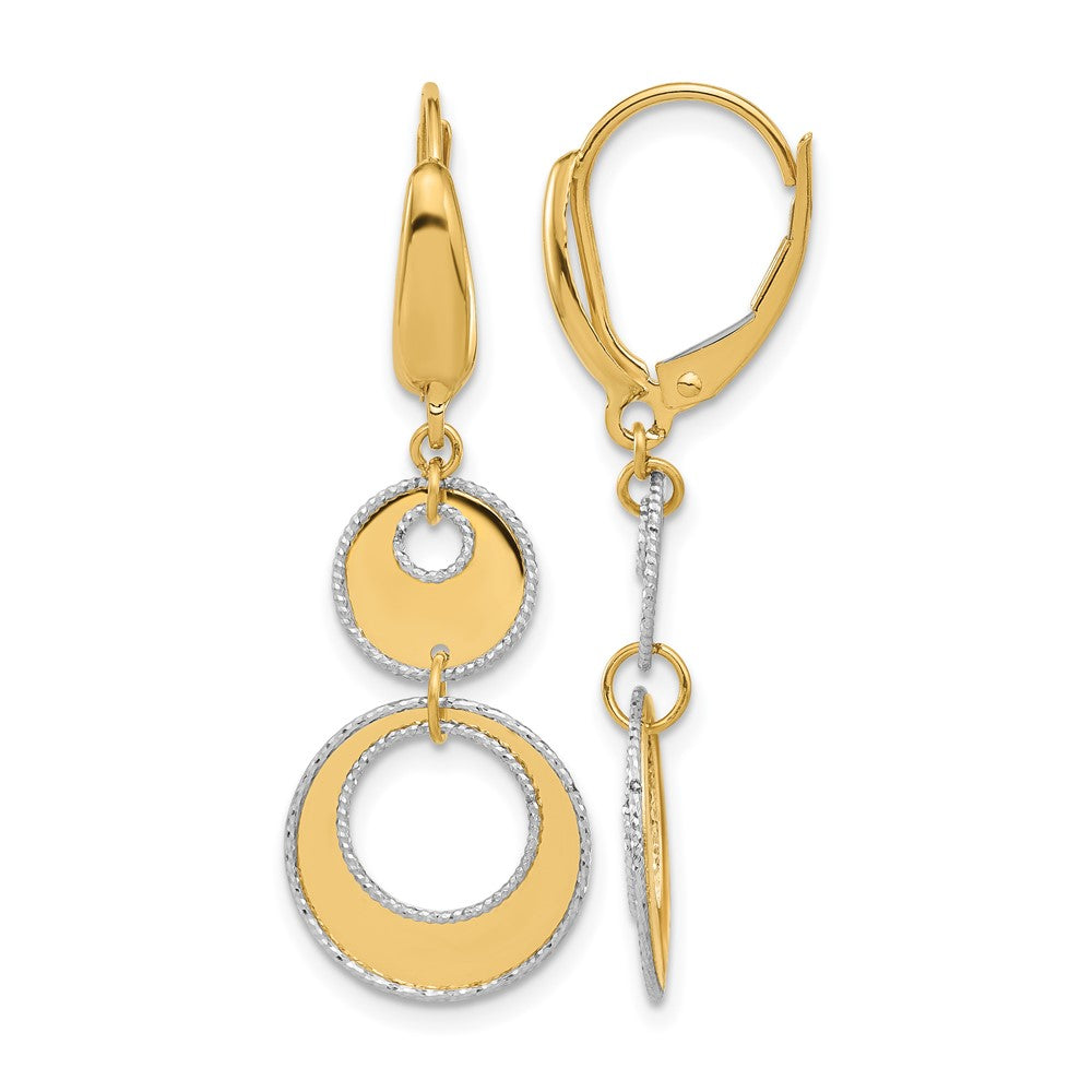 14K Two Tone Polished And Dia Cut Circles Dangle Leverback Earring