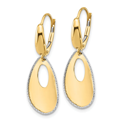 14K Two Tone Polished/Dia Cut Teardrop Dangle Leverback Earrings