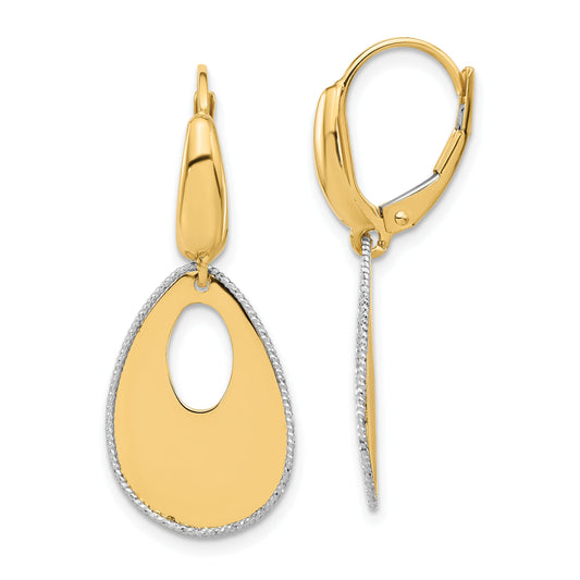 14K Two Tone Polished/Dia Cut Teardrop Dangle Leverback Earrings