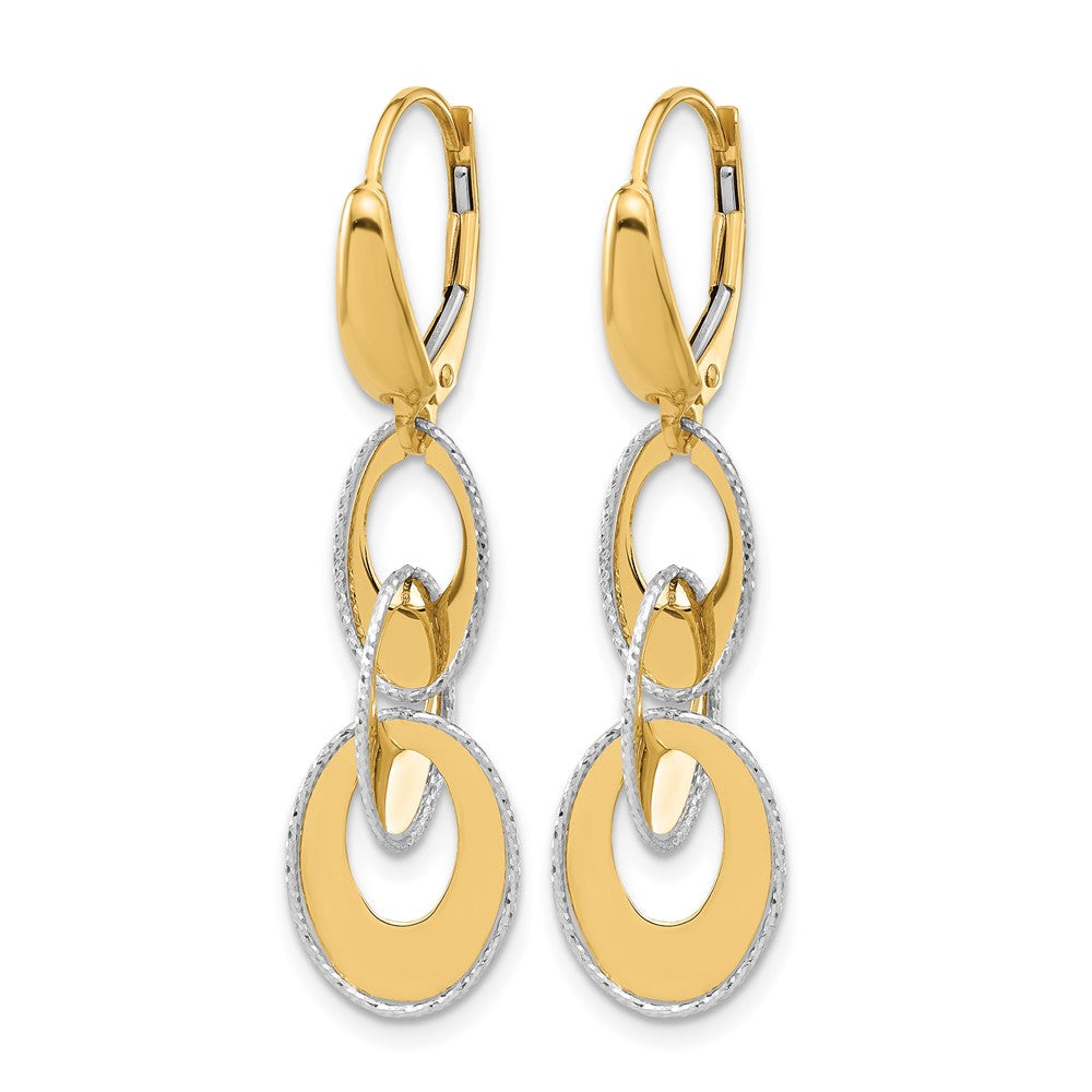 14K Two Tone Polished And Dia Cut Ovals Dangle Leverback Earrings
