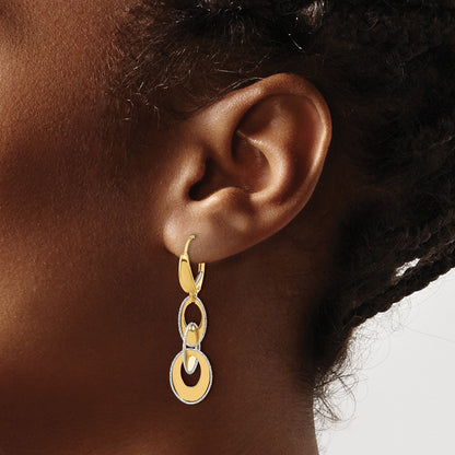 14K Two Tone Polished And Dia Cut Ovals Dangle Leverback Earrings