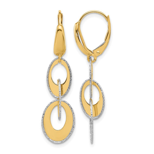 14K Two Tone Polished And Dia Cut Ovals Dangle Leverback Earrings