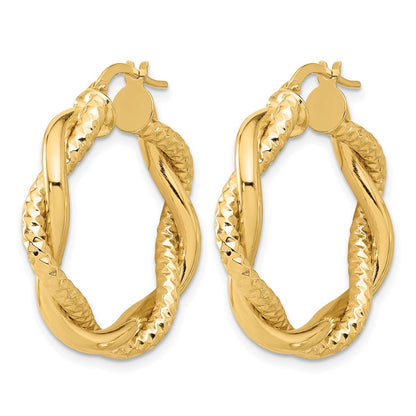 14K Yellow Gold Polished And Textured Twisted Round Hoop Earrings
