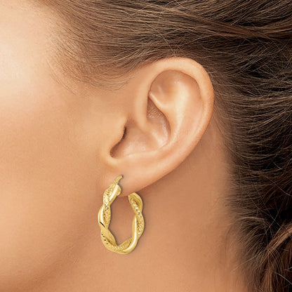 14K Yellow Gold Polished And Textured Twisted Round Hoop Earrings