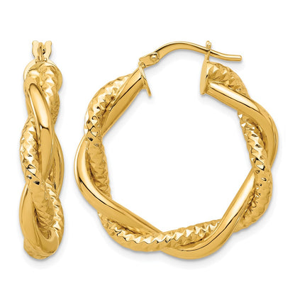 14K Yellow Gold Polished And Textured Twisted Round Hoop Earrings