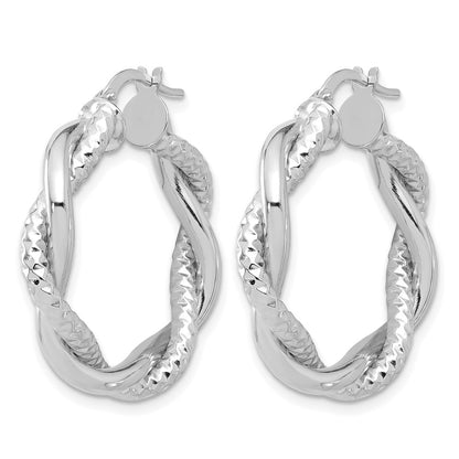 14K White Gold Polished And Textured Twisted Round Hoop Earrings