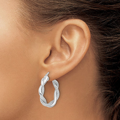 14K White Gold Polished And Textured Twisted Round Hoop Earrings