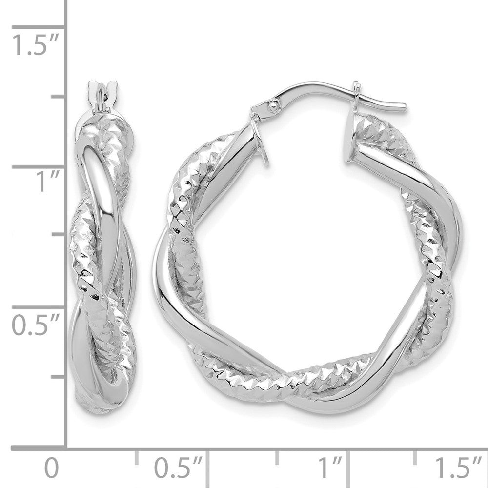 14K White Gold Polished And Textured Twisted Round Hoop Earrings