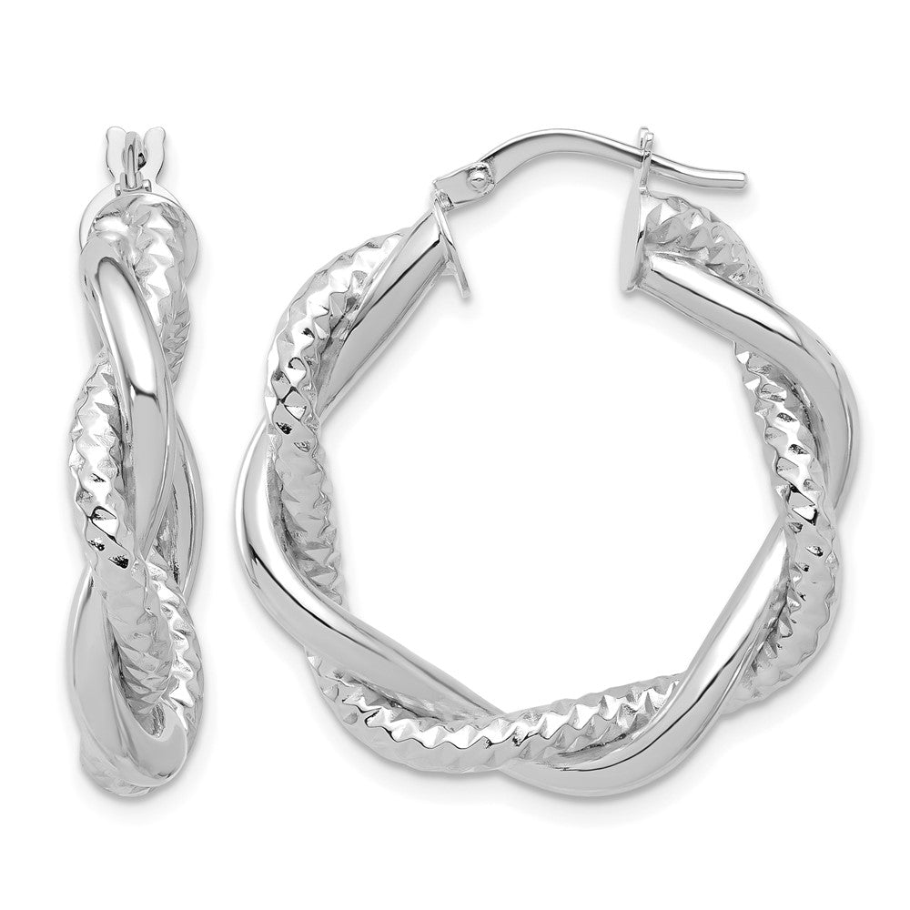 14K White Gold Polished And Textured Twisted Round Hoop Earrings