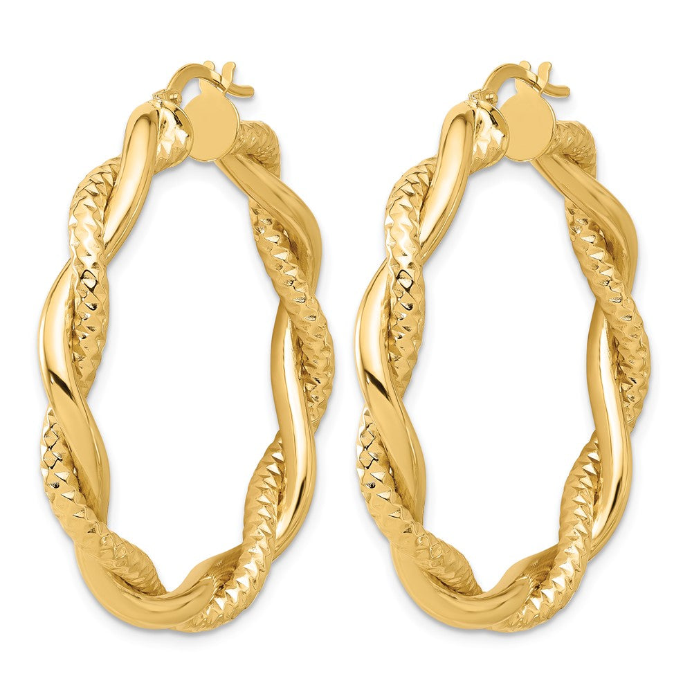 14K Yellow Gold Polished And Textured Twisted Round Hoop Earrings