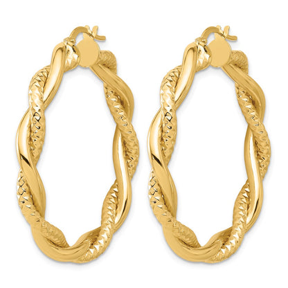 14K Yellow Gold Polished And Textured Twisted Round Hoop Earrings