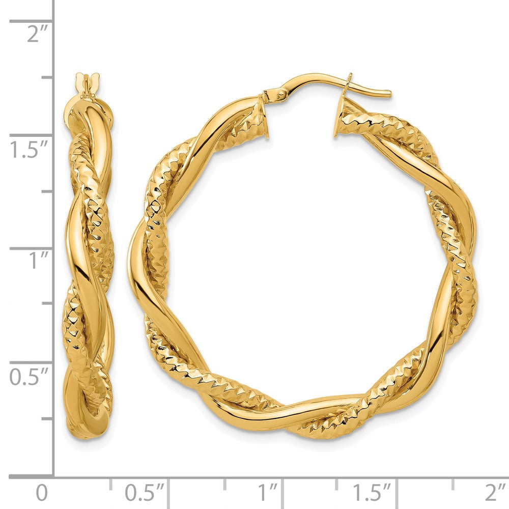 14K Yellow Gold Polished And Textured Twisted Round Hoop Earrings