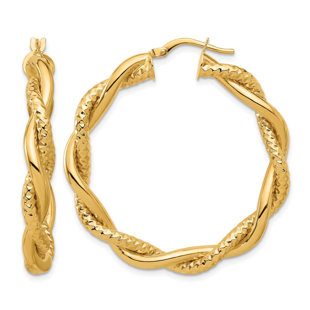 14K Yellow Gold Polished And Textured Twisted Round Hoop Earrings