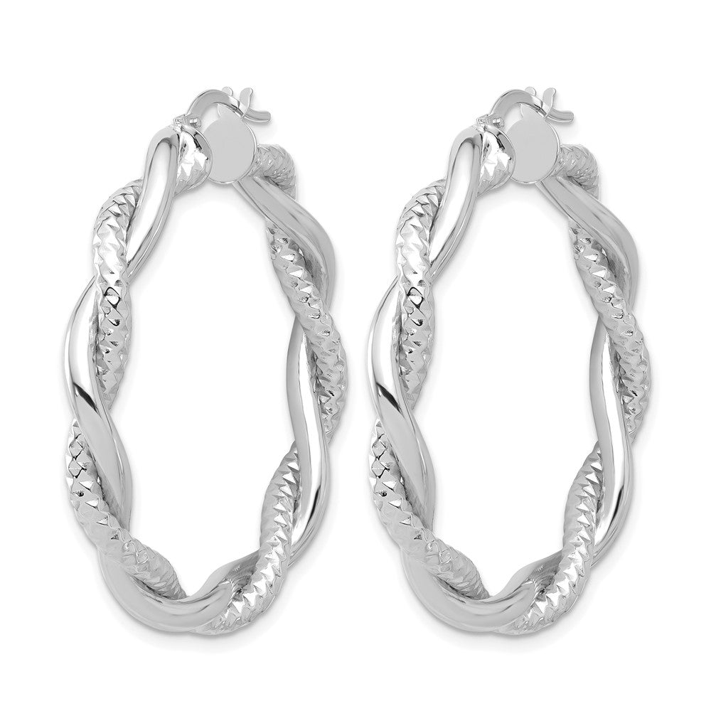 14K White Gold Polished And Textured Twisted Round Hoop Earrings