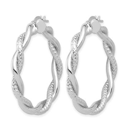 14K White Gold Polished And Textured Twisted Round Hoop Earrings