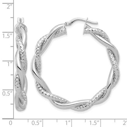 14K White Gold Polished And Textured Twisted Round Hoop Earrings