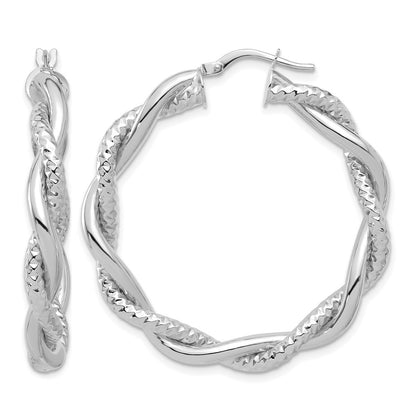 14K White Gold Polished And Textured Twisted Round Hoop Earrings