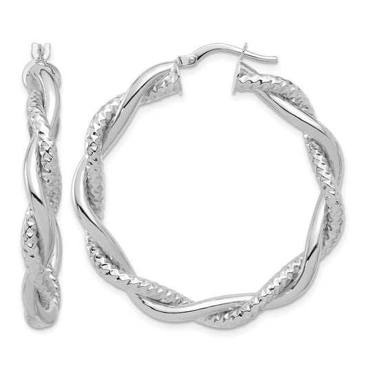14K White Gold Polished And Textured Twisted Round Hoop Earrings