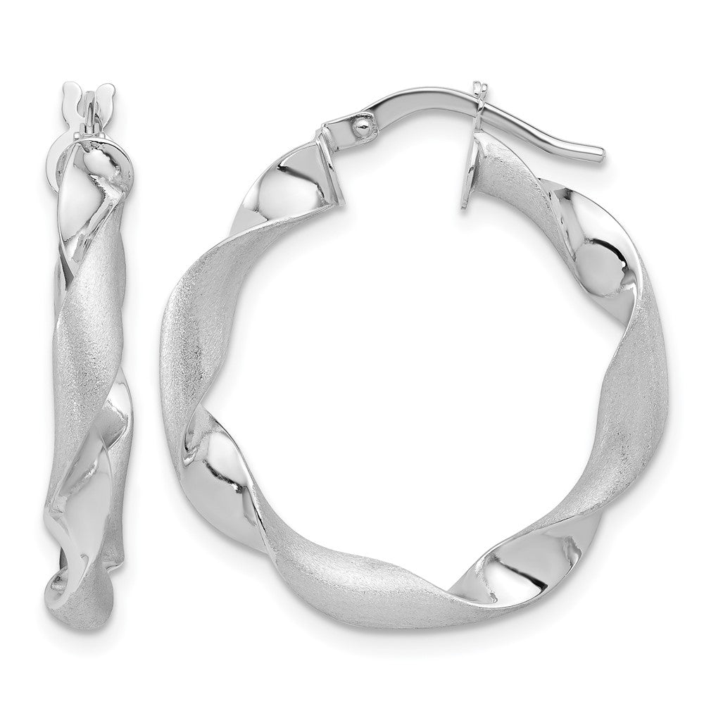 14K White Gold Polished And Brushed Twisted Hoop Earrings