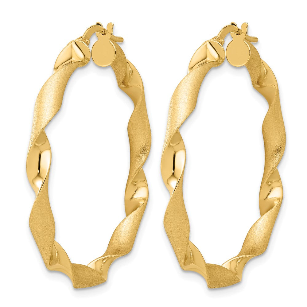 14K Yellow Gold Polished And Brushed Twisted Hoop Earrings