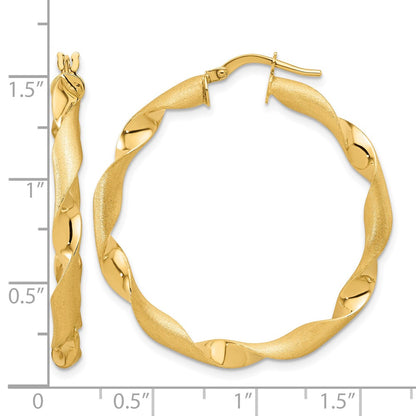 14K Yellow Gold Polished And Brushed Twisted Hoop Earrings