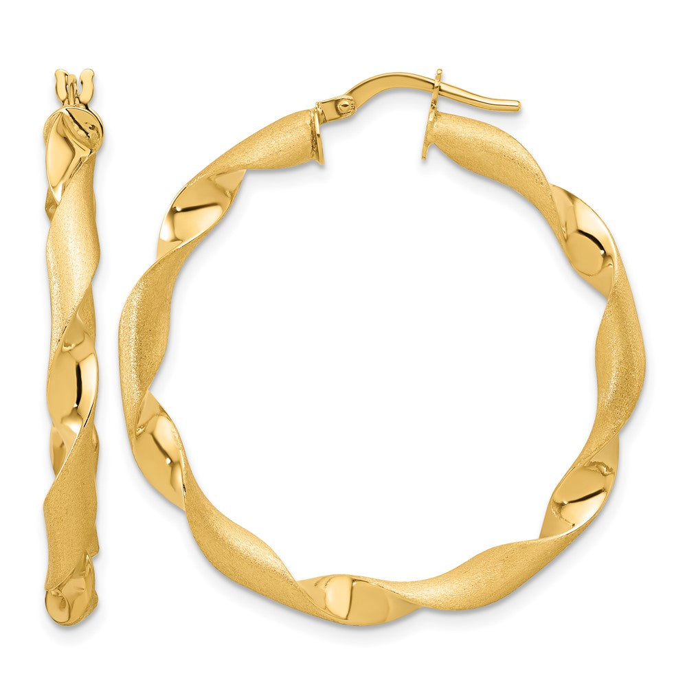 14K Yellow Gold Polished And Brushed Twisted Hoop Earrings