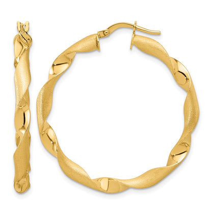 14K Yellow Gold Polished And Brushed Twisted Hoop Earrings