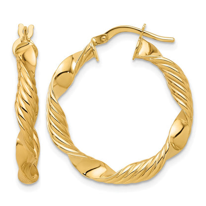 14K Yellow Gold Polished And Textured Round Hoop Earrings