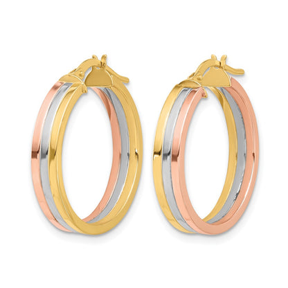 14K Tri Color Polished Three Row Left Right Hoop Earrings