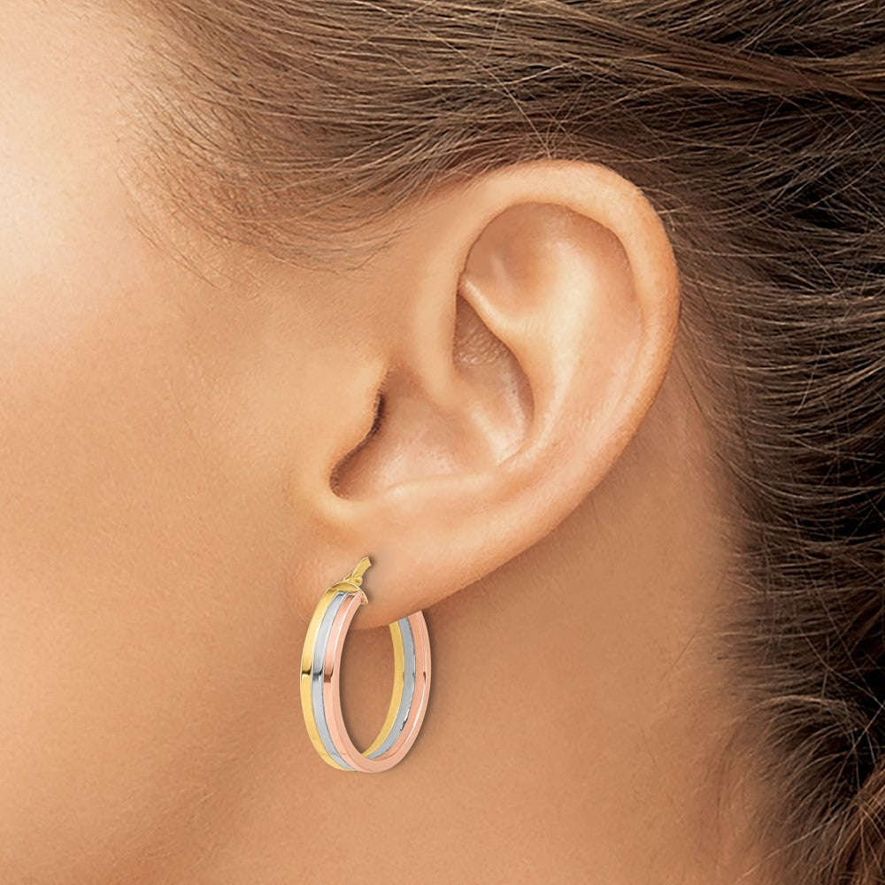 14K Tri Color Polished Three Row Left Right Hoop Earrings