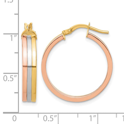 14K Tri Color Polished Three Row Left Right Hoop Earrings