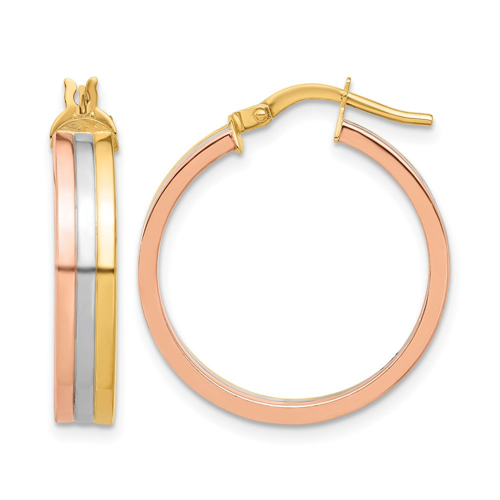 14K Tri Color Polished Three Row Left Right Hoop Earrings