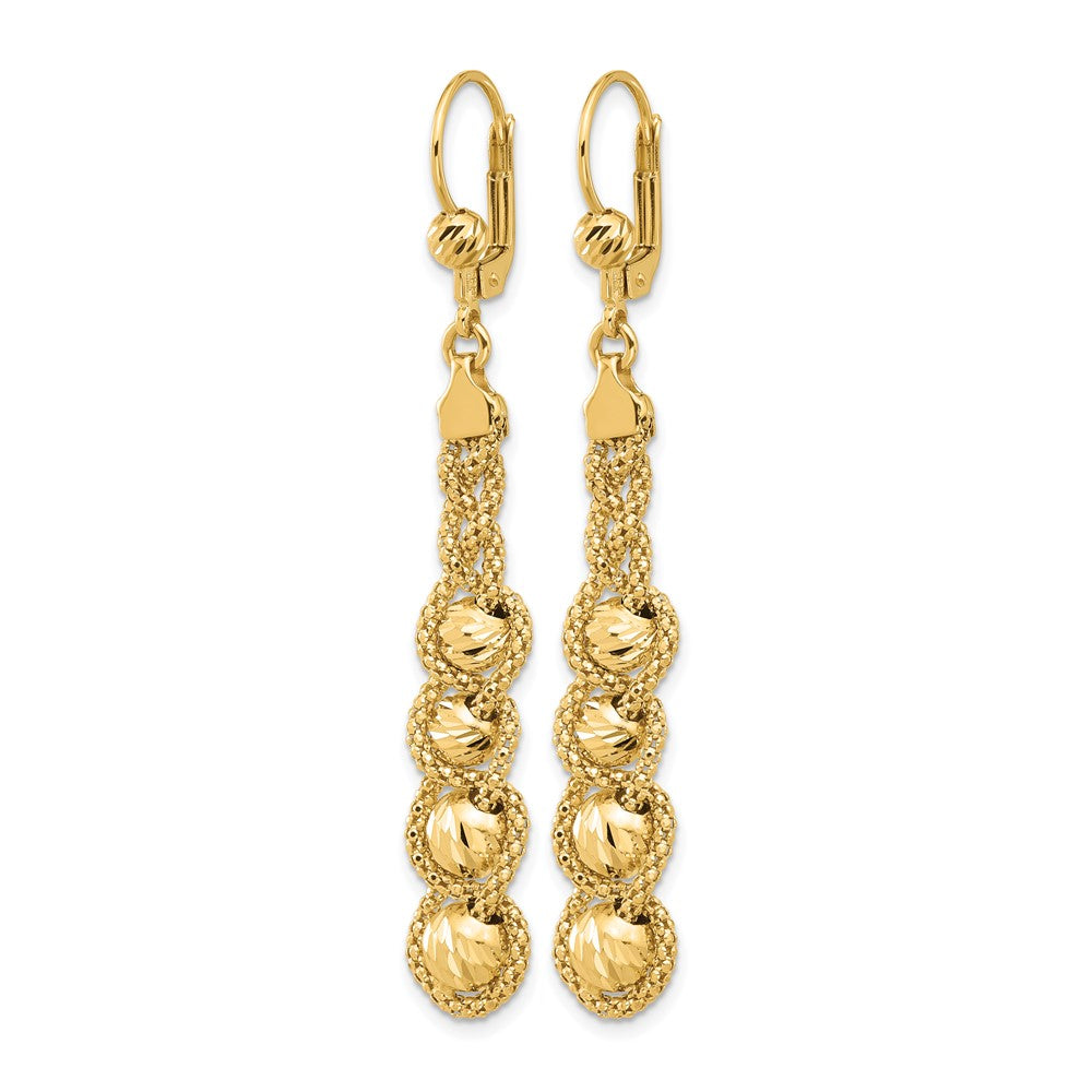 14K Yellow Gold Polished Textured And Dia Cut Beaded Leverback Earrings