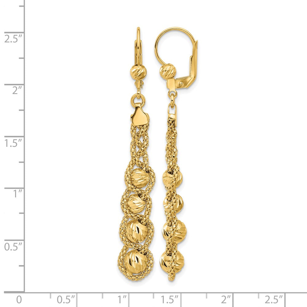 14K Yellow Gold Polished Textured And Dia Cut Beaded Leverback Earrings