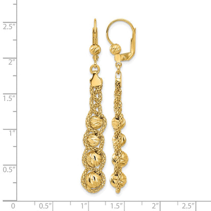 14K Yellow Gold Polished Textured And Dia Cut Beaded Leverback Earrings