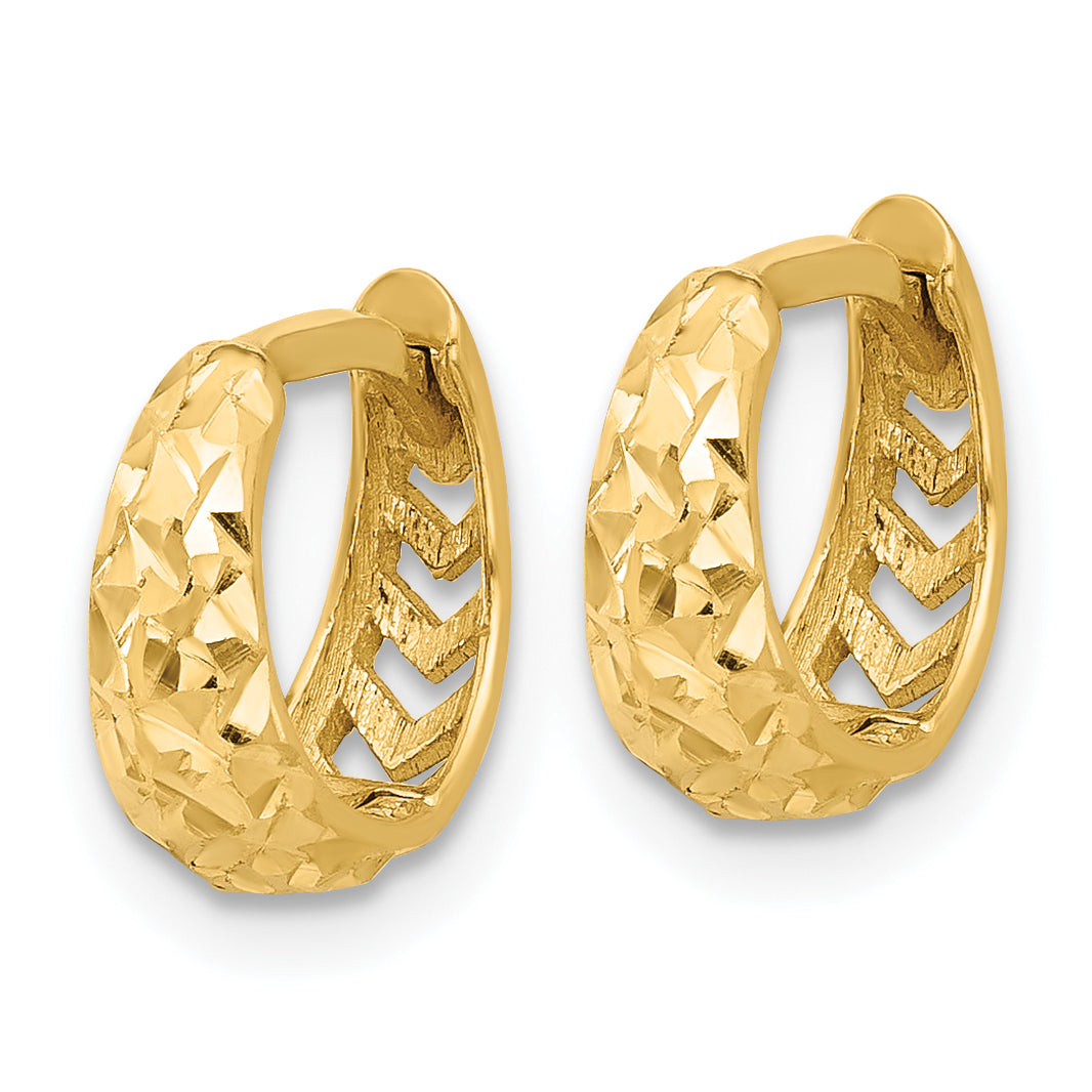 14K Yellow Gold Polished And Diamond Cut Huggie Hoop Earrings