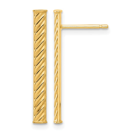 14K Yellow Gold Polished And Textured Bar Post Earrings