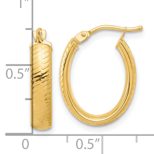 14K Yellow Gold Polished And Textured Oval Hoop Earrings